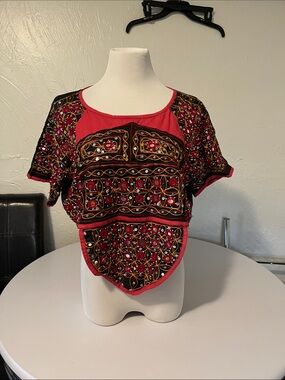 Hand-Embellished Red Embroidered Crop Top